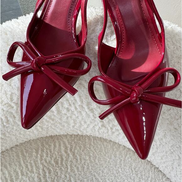 ZARA Patent Pointed Toe Slingback Heels NWT – Red Bow Pumps, Size 6.5–10 - Picture 9 of 16